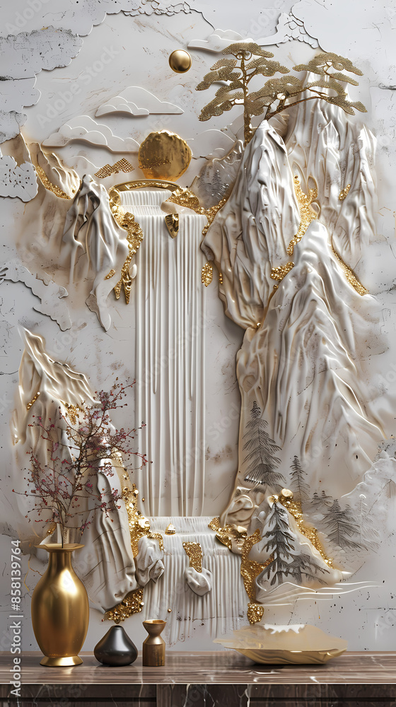3d Bas-relief, Volumetric stucco molding on a concrete wall with golden elements, Japanese landscape, waterfall, mountains. 3d Bas-relief, Volumetric stucco molding on a concrete wall with golden elements, Japanese landscape, waterfall, mountains.