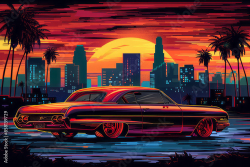 Wallpaper Mural Lowrider car in a retro vector style with a sunset cityscape, bold lines for t-shirt design, Torontodigital.ca