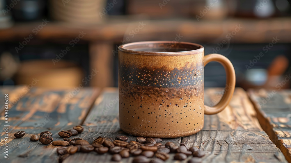 A steaming brown ceramic mug with coffee beans on a wooden table.