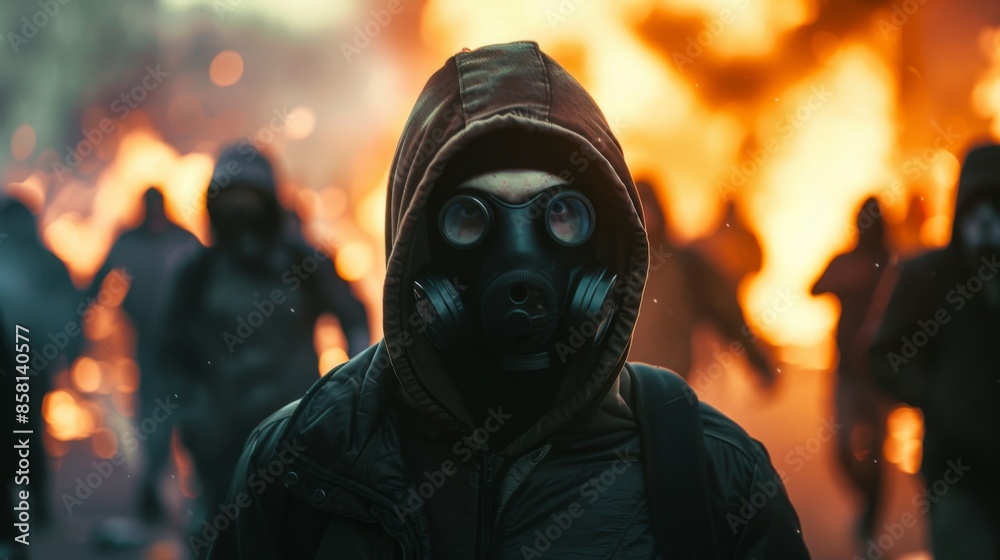 The scene is chaotic and intense, with the man looking directly at the camera The scene is chaotic and intense, with the man looking directly at the camera