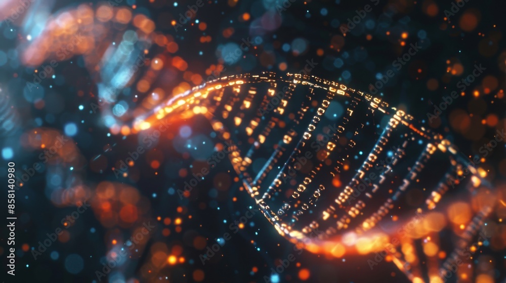 A DNA strand is shown in a blurry, colorful image A DNA strand is shown in a blurry, colorful image