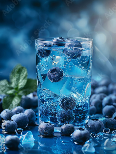 Glass of blueberry water with ice and mint leaves, close-up.
