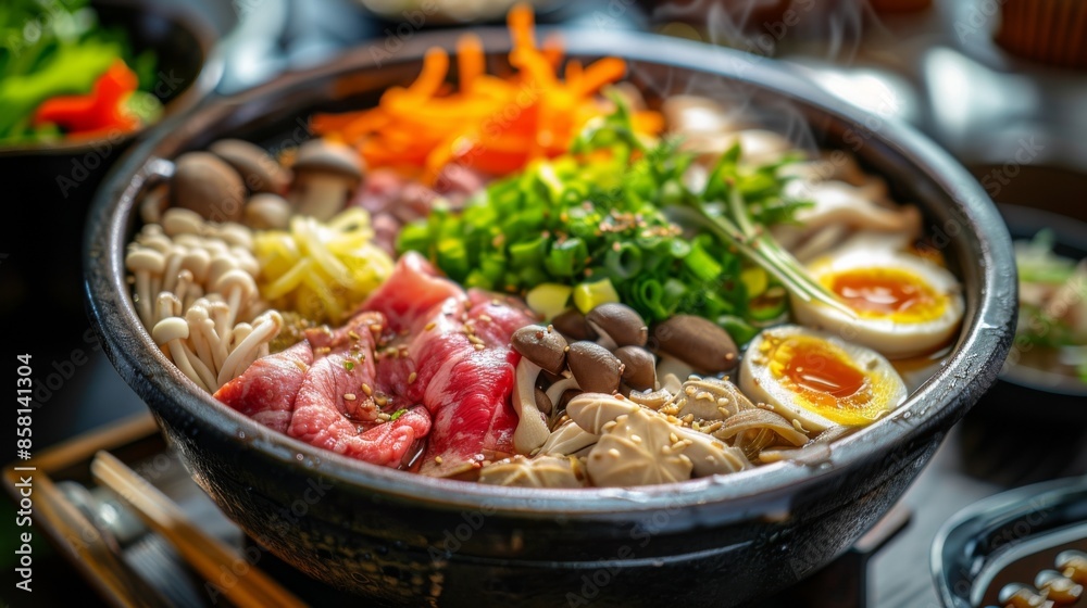 A bowl of food with a variety of ingredients including meat, vegetables A bowl of food with a variety of ingredients including meat, vegetables