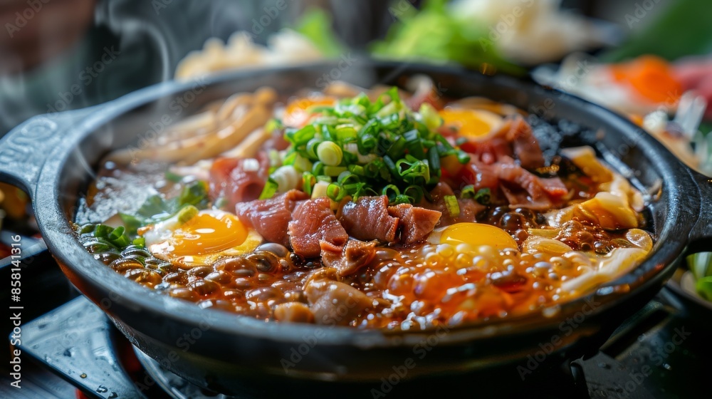 A black pot of food with meat and eggs in it A black pot of food with meat and eggs in it