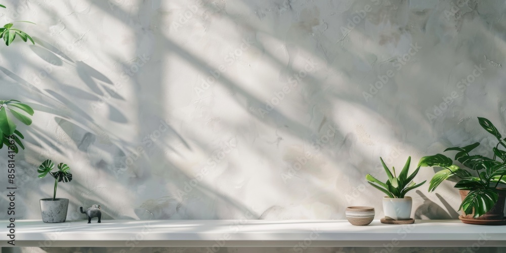 A white wall with a shelf and potted plants on it A white wall with a shelf and potted plants on it