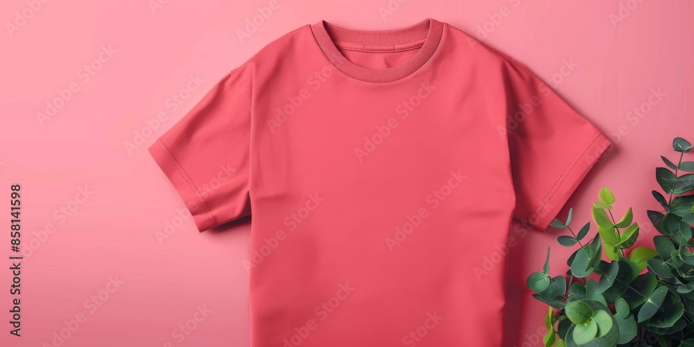 A red shirt is displayed on a pink background A red shirt is displayed on a pink background