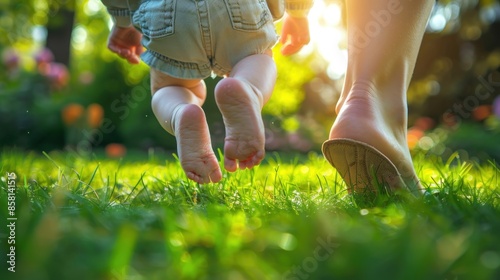 Baby Learns to Walk with Help of His Mother on Green Grass