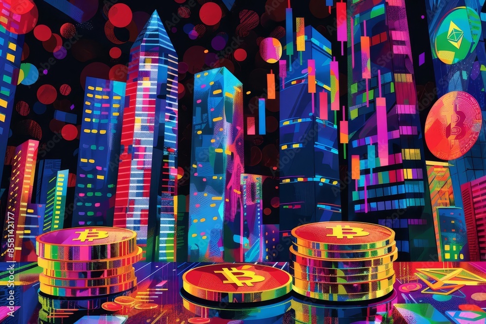 Obraz premium Colorful digital illustration of a futuristic cityscape with skyscrapers and cryptocurrency symbols like Bitcoin, depicting a neon cyberpunk vibe.