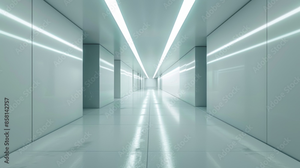 Empty Futuristic Illuminated Corridor with Neon Lights and Sleek Modern Design, 3D Generated Concept for Advanced Technology and Sci-Fi Environments Empty Futuristic Illuminated Corridor with Neon Lights and Sleek Modern Design, 3D Generated Concept for Advanced Technology and Sci-Fi Environments