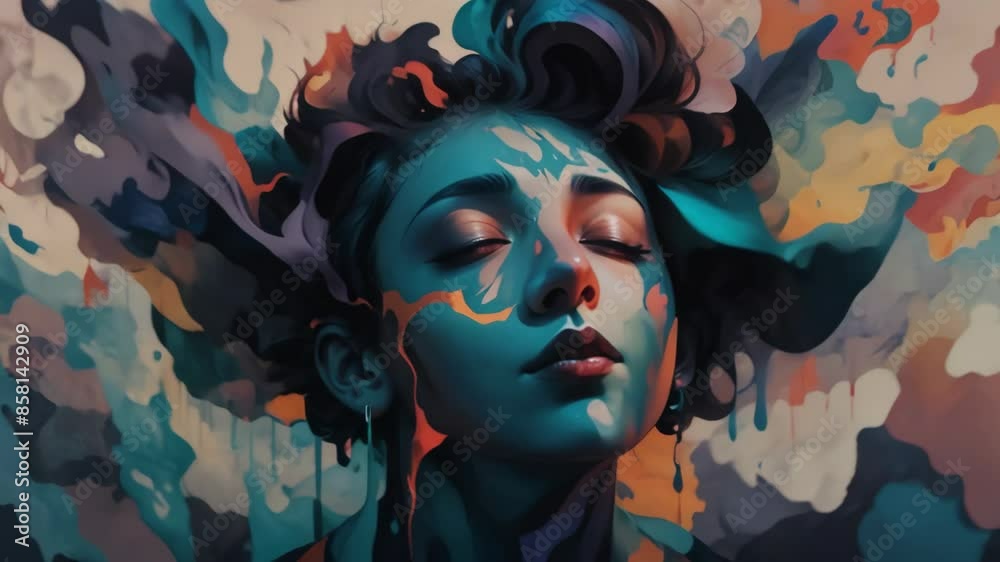 Mind, spirituality, psychology art animation concept. Illustration of a person with closed eyes and flowing colors, loop 4k