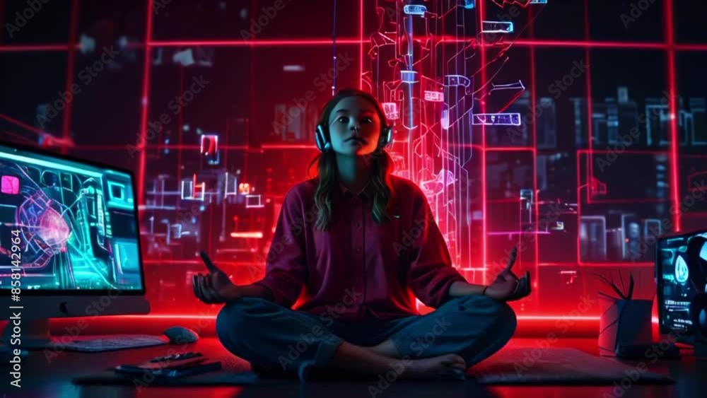 A person sitting cross-legged in front of a computer. The person is wearing headphones and has their eyes closed. There is a red grid pattern in the background A person sitting cross-legged in front of a computer. The person is wearing headphones and has their eyes closed. There is a red grid pattern in the background