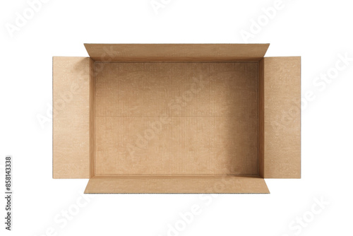 Top view of an open empty cardboard box with flaps, suitable for packaging, shipping, or storage purposes. Brown color and simple design. photo