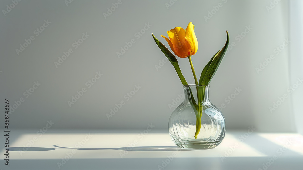 A yellow tulip in a glass vase with shadows on a white table. A yellow tulip in a glass vase with shadows on a white table.