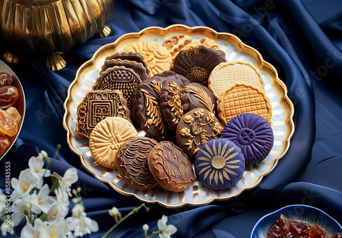 Different Hangeul cookies on elegant plate with Ramadan sweets like dates and halva. Deep blue tablecloth background. #Hangeulcookies #RamadanSweets photo