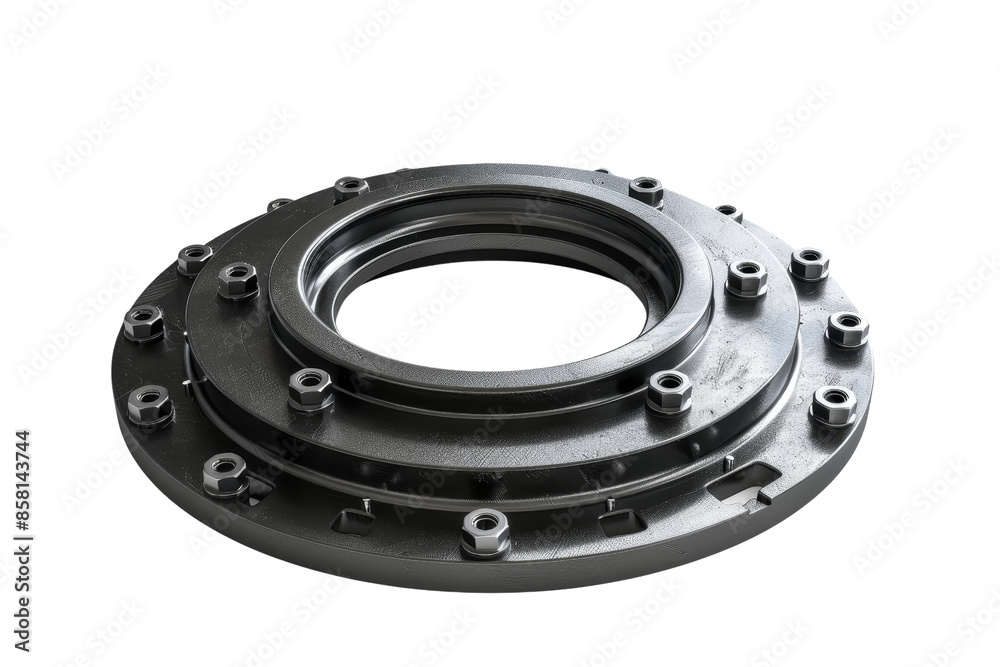 Industrial mechanical part, circular component with bolts, used in engineering and machinery for various applications. Industrial mechanical part, circular component with bolts, used in engineering and machinery for various applications.