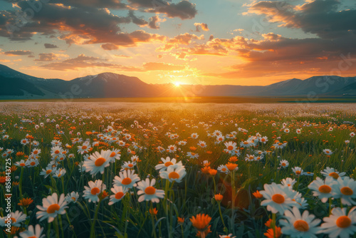 Flowers in a wide field beneath burning clouds, ultra-high definition, wide-angle view, © Oleksandr