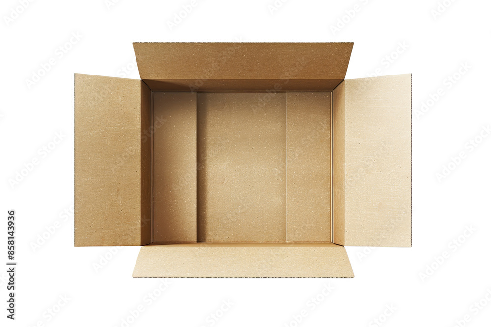 High-resolution image of an open cardboard box, perfect for use in packaging, shipping, and delivery-related projects. High-resolution image of an open cardboard box, perfect for use in packaging, shipping, and delivery-related projects.