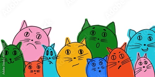 Funny characters, different emotions, colorful, hand drawn, happy, angry, ceparated elements, white background