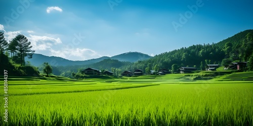 Panoramic View of a Vibrant Green Rice Field with Lush Plantation. Concept Landscape Photography, Nature Views, Green Rice Fields, Vibrant Plantation, Panoramic Scene © Anastasiia