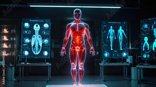 A digital rendering of a person's body surrounded by screens displaying various medical images.