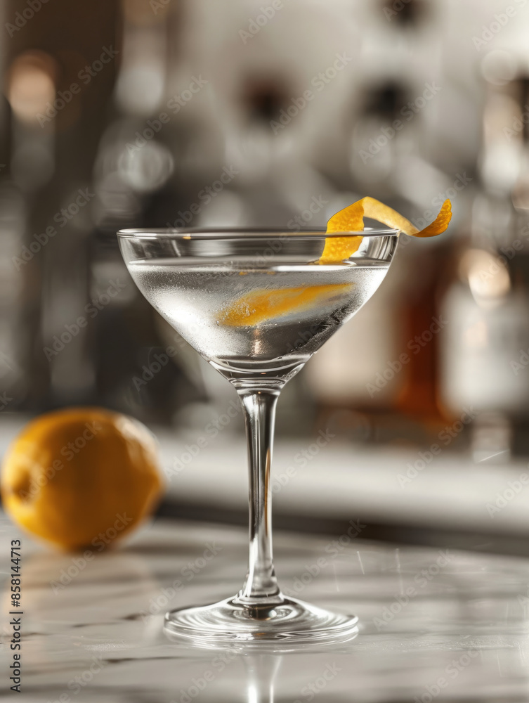 A martini glass with a lemon twist on a marble bar counter. A martini glass with a lemon twist on a marble bar counter.