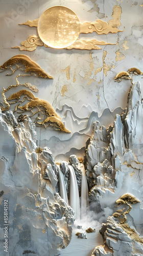 3d Bas-relief, Volumetric stucco molding on a concrete wall with golden elements, Japanese landscape, waterfall, mountains.