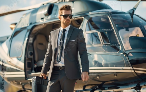 Confident businessman with briefcase walking away from luxury jet. Business travel transportation, aviation and luxury tourism concept. Commercial chopper. 