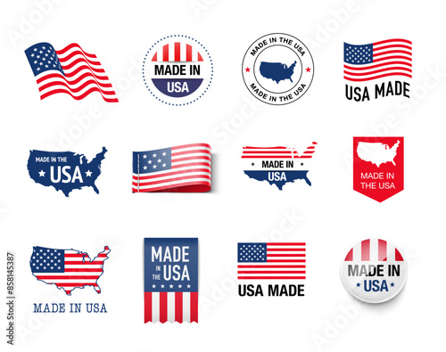 Set of flags, ribbons, signs with the USA flag. Vector illustration isolated on white background. Ready to use for your design, presentation, promo, ad. EPS10.