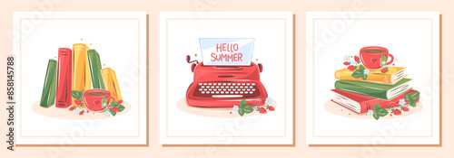 Books with flowers and strawberries on white background. Set of reading elements for  bookshop, library, bookstore or education. Vector illustration on white background