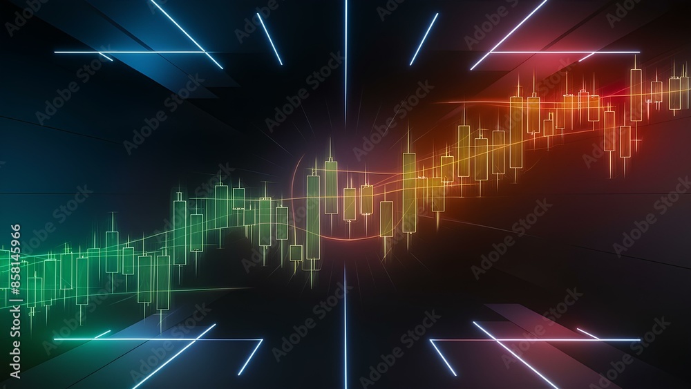 Obraz premium Futuristic digital financial graph and stock market trends data analysis concept with glowing neon candlesticks, interconnected lines light effects on a dark technological background. Blockchain