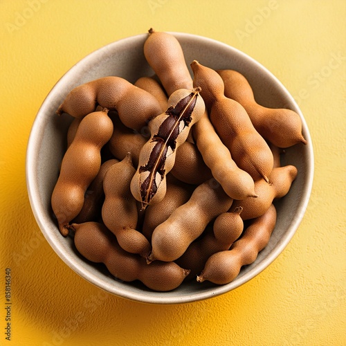 Fresh delicious ripe tamarind on yellow background photo