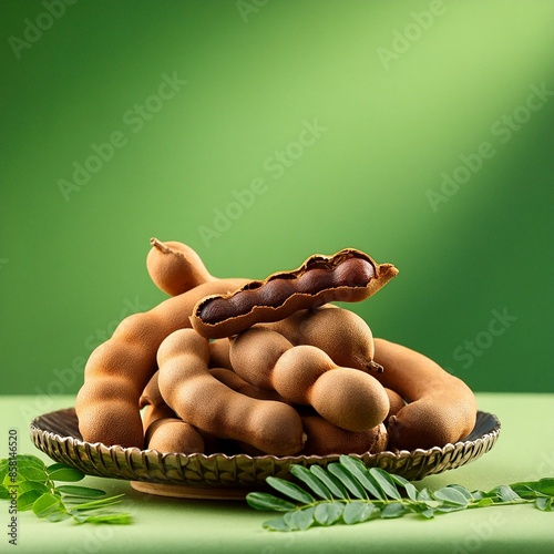 Fresh delicious ripe tamarind on green background photo