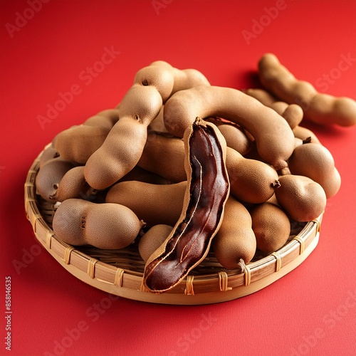 Fresh delicious ripe tamarind on red background  photo