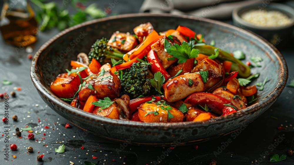 Vegetable Stir-Fry: A vibrant stir-fry made with a mix of colorful vegetables like bell peppers, broccoli, snap peas, and carrots. Vegetable Stir-Fry: A vibrant stir-fry made with a mix of colorful vegetables like bell peppers, broccoli, snap peas, and carrots.
