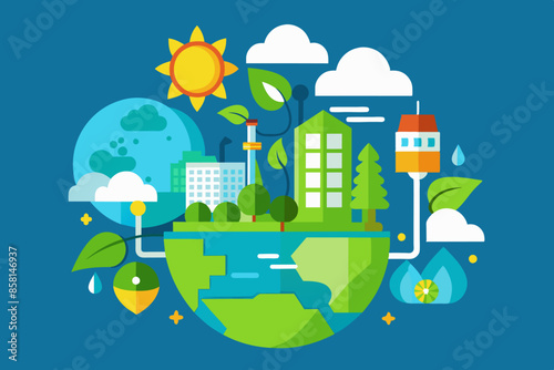 Cartoon green city on globe with trees and buildings. A cartoon illustration of a green city situated on a globe, with trees and buildings surrounding it, creating a harmonious urban environment