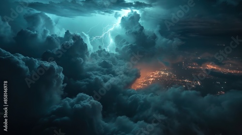 Lightning strike above a futuristic city with modern skyscraper buildings. © Joyce