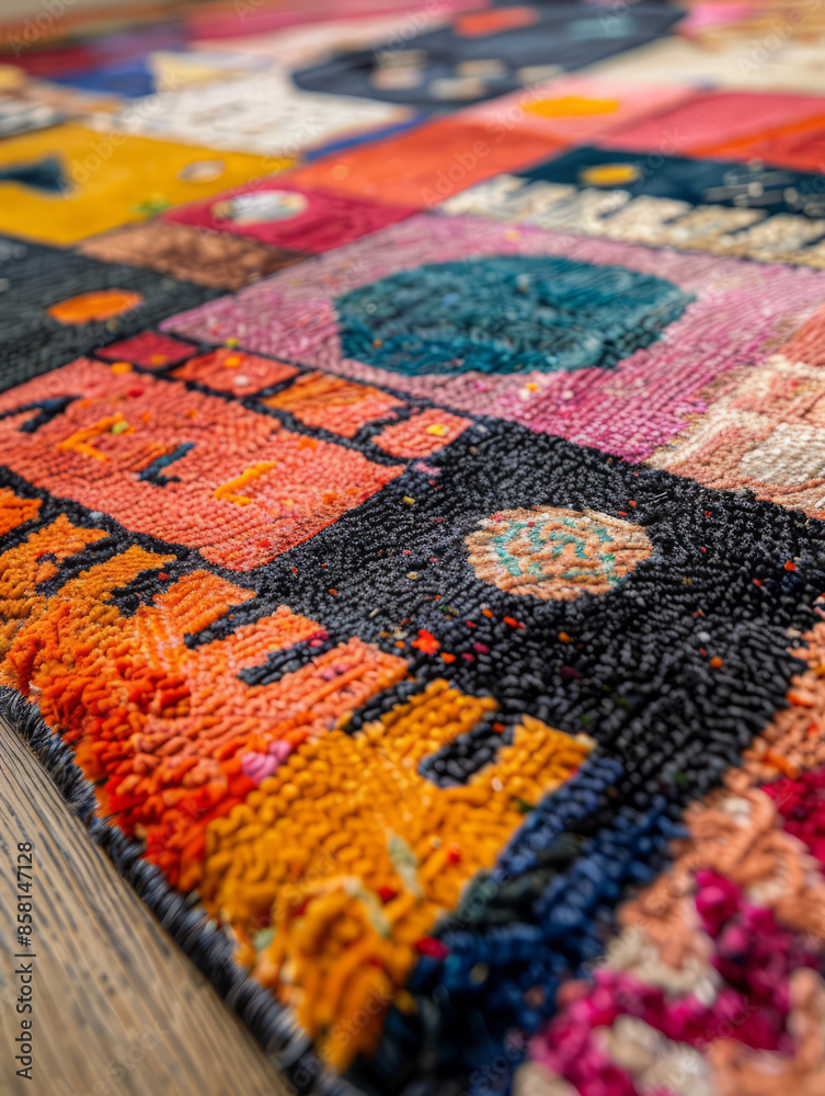 Fototapeta premium A colorful patchwork quilt with various patterns and textures.
