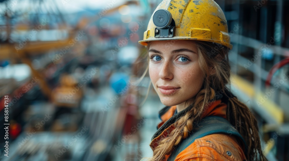 A young female construction worker wearing a yellow helmet and safety gear, standing confidently at a construction site with a blurred background of machinery and equipment. A young female construction worker wearing a yellow helmet and safety gear, standing confidently at a construction site with a blurred background of machinery and equipment.
