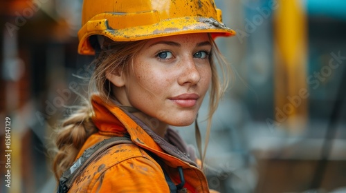 A smiling female construction worker with blonde hair and freckles, wearing a yellow hard hat and orange overalls, seen up close with dirt stains on her uniform.