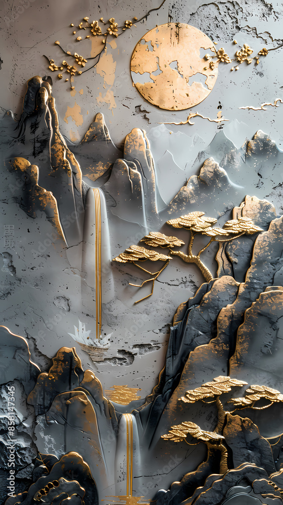 3d Bas-relief, Volumetric stucco molding on a concrete wall with golden elements, Japanese landscape, waterfall, mountains. 3d Bas-relief, Volumetric stucco molding on a concrete wall with golden elements, Japanese landscape, waterfall, mountains.
