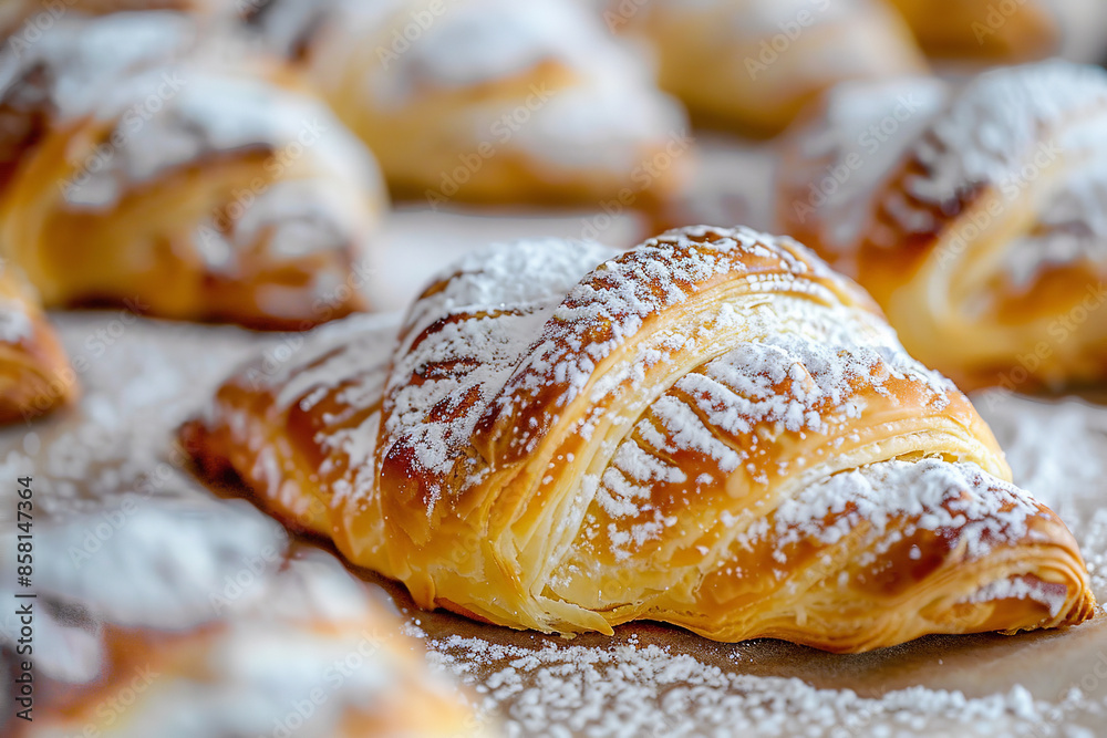 Close-Up of Fresh Bear Claws with Almond Paste and Powdered Sugar Close-Up of Fresh Bear Claws with Almond Paste and Powdered Sugar