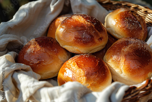 Golden Brioche Buns in a Warm Sunlit Basket - Morning Freshness 