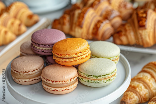 Elegant Display of French Macarons and Croissants in Cafe   © Davivd