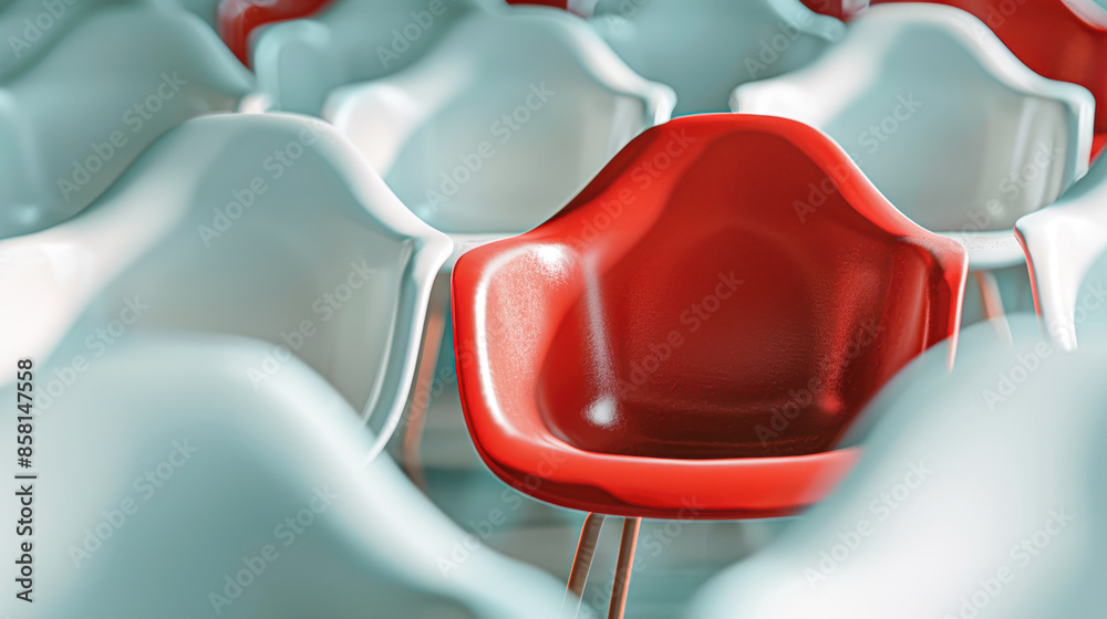 Obraz premium Bold Red Chair Stands Out in a Crowd of White Chairs Concept of Individuality and Leadership