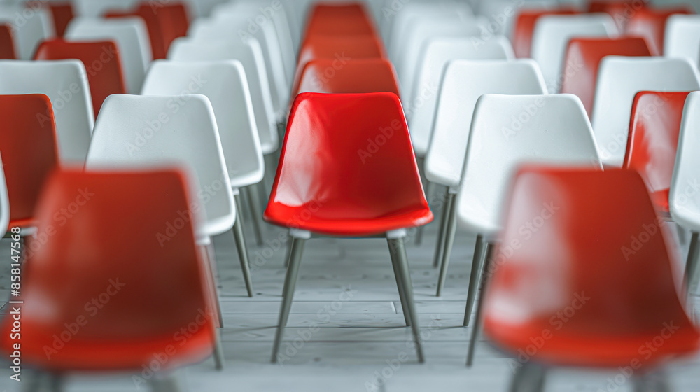 Naklejka premium Bold Red Chair Making a Statement in a Sea of White Chairs