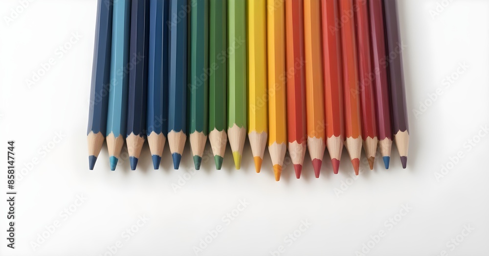 An isolated collection of vibrant colored pencils in shades of blue, green, yellow, orange, and red, arranged in a row over a white background An isolated collection of vibrant colored pencils in shades of blue, green, yellow, orange, and red, arranged in a row over a white background