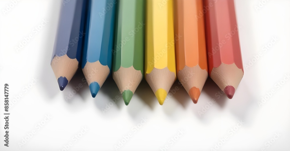 An isolated collection of vibrant colored pencils in shades of blue, green, yellow, orange, and red, arranged in a row over a white background An isolated collection of vibrant colored pencils in shades of blue, green, yellow, orange, and red, arranged in a row over a white background