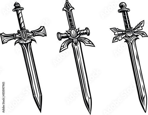 Beautiful set of detailed medieval sword on a white background. Knights weapon sketch. Excalibur of King Arthur. Blade of Strength.