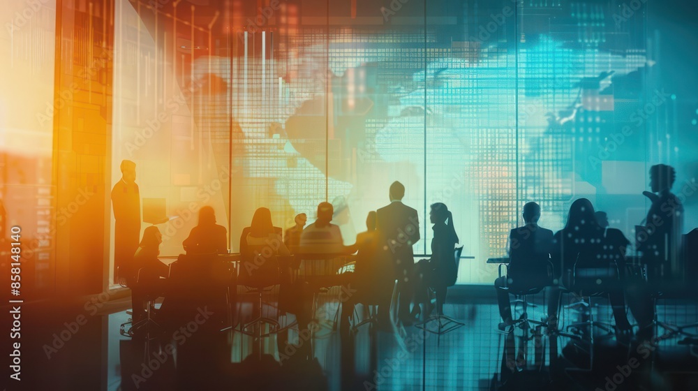 Obraz premium People in office meeting work silhouette blurred abstract color gradient background.