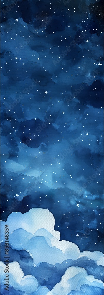 watercolor blue night sky with stars and clouds Stock Illustration ...